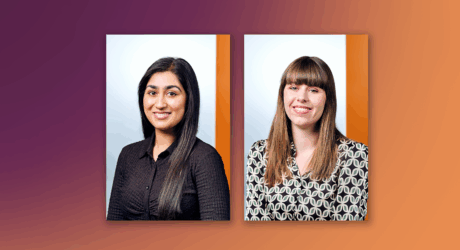 Eisha Lal and Mollie Kilfoyle against orange/ purple backdrop