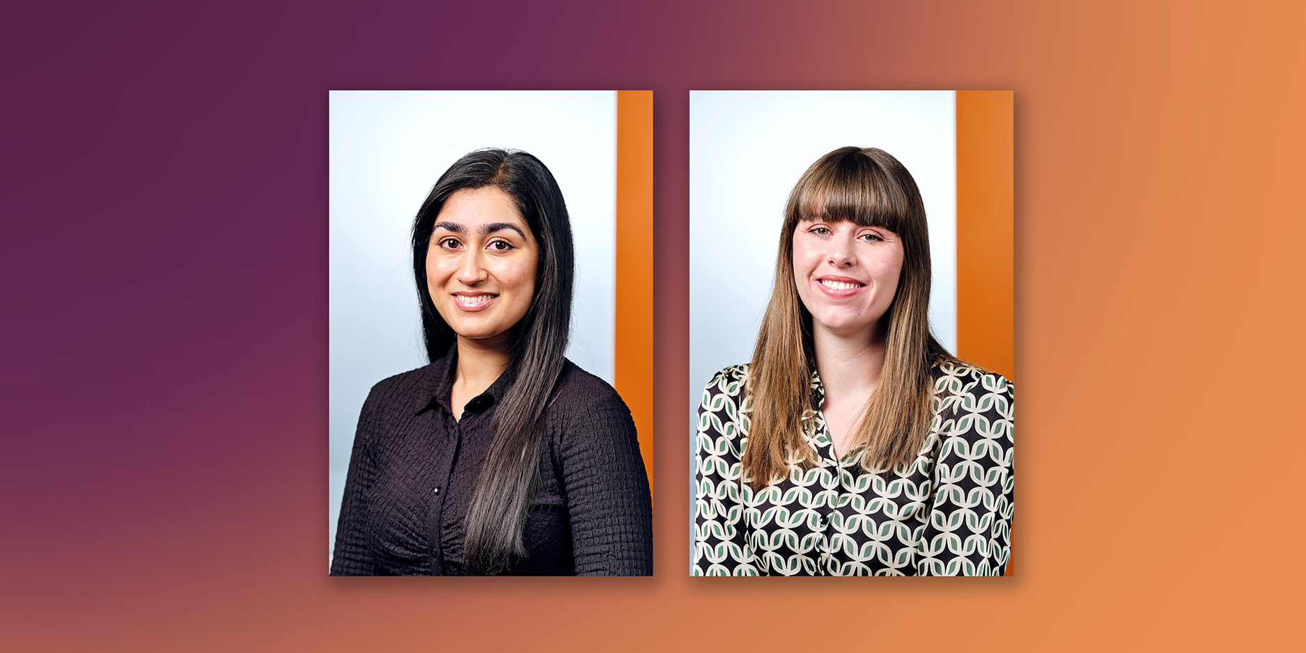 Eisha Lal and Mollie Kilfoyle against orange/ purple backdrop